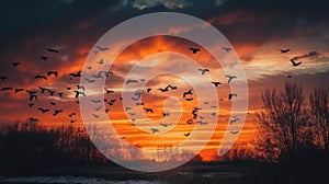 A flock of geese flying in a V-formation against a colorful sunset sky created with Generative AI