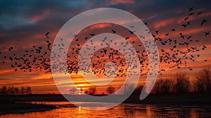 A flock of geese flying in a V-formation against a colorful sunset sky created with Generative AI