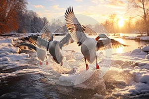 Flock of geese on the frozen river in the winter at sunset, A flock of wild ducks flying over a frozen river, Wildlife in winter