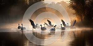 A flock of geese taking off from a calm lake, concept of Bird migration, created with Generative AI technology