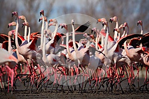 Flock of Greater Flamingo, Phoenicopterus ruber, Nice pink big bird, dancing in the water, animal in the nature habitat, Camargue photo