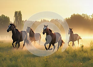 flock of horses in the fertile meadows and forests. Wildlife Animals. Illustration, Generative AI