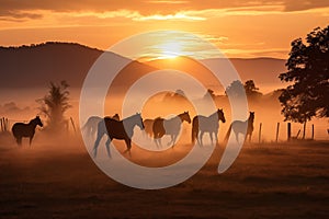 Flock of horses walking in fog at dawn. Generative AI