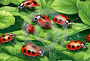 Flock of large ladybugs on green foliage