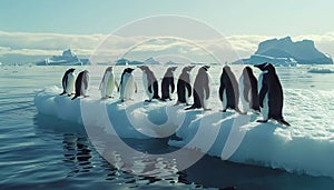 Flock of lovely penguins floating on small iceberg or ice floe in cold Antarctic sea waters with picturesque moody landscape