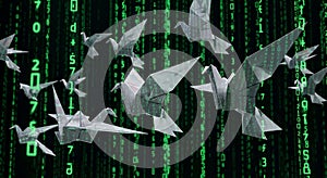 Origami Cranes Flying Through Digital Matrix Code