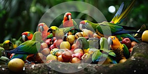 Parrots squabble cheerfully over a pile of fruit, their bright colors a vibrant spectacle against the lush green of the photo