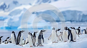 Flock of penguins stands in the snowy landscape of Antarctica