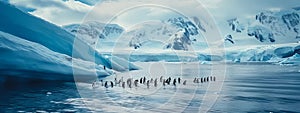 Flock penguins walking across icy water Antarctic