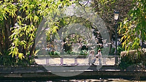 Flock pigeons flying overhead woman squatting near little daughter in sunny park