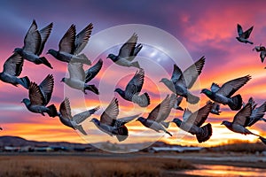 Flock of pigeons flying at sunset