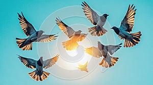 Flock of pigeons soaring in the sky, bathed in golden sunlight