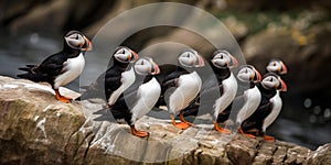 A flock of puffins perching on a rocky shore, ready to dive into the water for fish, concept of Coastal Wildlife