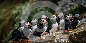 A flock of puffins perching on a rocky shore, ready to dive into the water for fish, concept of Coastal Wildlife