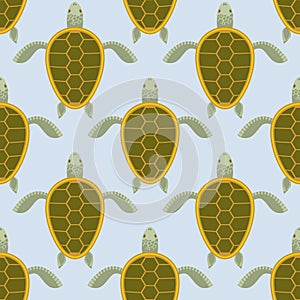 Flock of sea turtles. Water turtle seamless pattern. Vector back