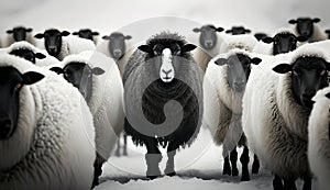 A flock of sheep. Black sheep between white sheep. Ai generative