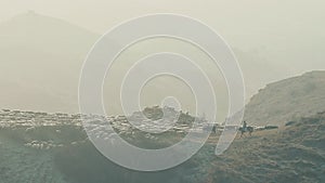 Flock of sheep in countryside of Georgia surrounded by scenic mountains landscape in hazy cold morning. Shephard on horse with