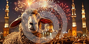 A flock of sheep in front of the mosque during fireworks in honor of Eid al-Adha, banner, copy space