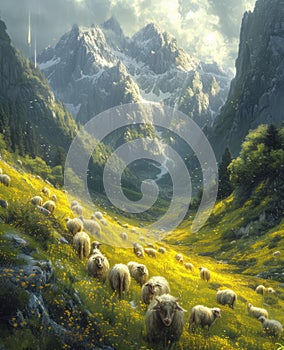 Flock of sheep grazing on green alpine meadow