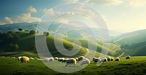 Flock of sheep grazing in the green meadow.