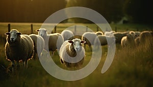 Flock of sheep grazing in green meadow generated by AI