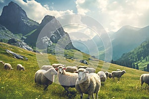Flock of sheep grazing on green pasture in mountains. Landscape of sheep herd eating grass. Generative AI