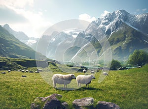 Flock of sheep grazing on green pasture in mountains. Landscape of sheep herd eating grass. Generative AI