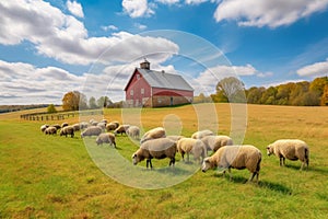 flock of sheep grazing on a peaceful farmland with a beautiful red barn and a clear blue sky