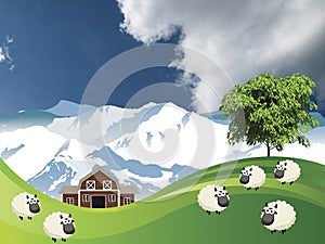 Flock of sheep grazing photo