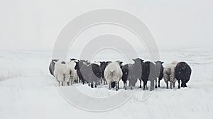 A Flock of Sheep Huddled Together in Snowy Landscape. Tranquil Scene of Livestock Braving Cold Weather. Rural Winter