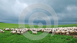 Flock of sheep under dark cloud