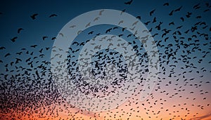 Flock of starlings in murmuration, surreal patterns in the sky, magical twilight atmosphere, artistic composition