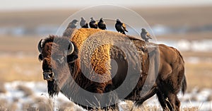 A flock of starlings perch on the back of a bison within the Rocky Mountain Arsenal National Wildlife Refuge close to Denver,