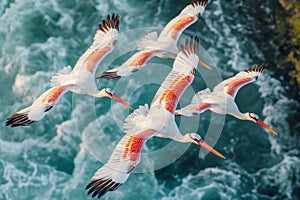 A flock of storks flies over the sea. View from above. Migratory birds.