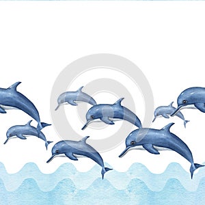 Flock of swimming dolphins in cartoon style with abstract waves isolated on white background. Watercolor illustration for template