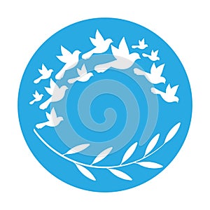 A flock of white birds and a twig with leaves on a blue background. Logo. Copy the place for text. Round vector illustration