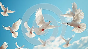A flock of white doves in a calm peaceful blue sky, the bird is a symbol of peace, hope and love? NO war concept, AI