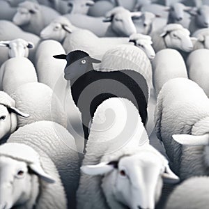 A flock of white sheep with a black sheep in the middle, generative ai