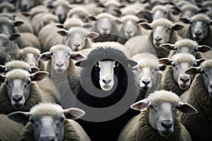 A flock of white sheep with black in the middle. generative AI