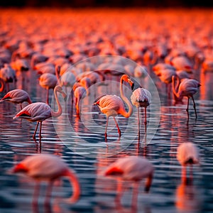 Flocking Flamingos at Sunset