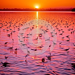 Flocking Flamingos at Sunset