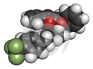 Flocoumafen rodenticide molecule vitamin K antagonist. 3D rendering. Atoms are represented as spheres with conventional color.