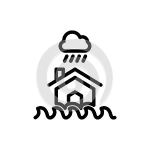 flood buildings icon, house in water waves, flooding rising levels, line symbol on white background - editable stroke vector