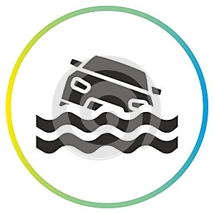 flood car icon, flooded road, natural disaster, auto in water waves, line symbol
