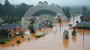 Flood Devastation: Floodwaters submerge homes and roads, displacing communities and causing widespread damage.