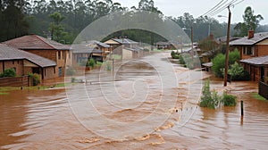 Flood Devastation: Floodwaters submerge homes and roads, displacing communities and causing widespread damage.