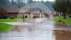 Flood Devastation: Floodwaters submerge homes and roads, displacing communities and causing widespread damage.