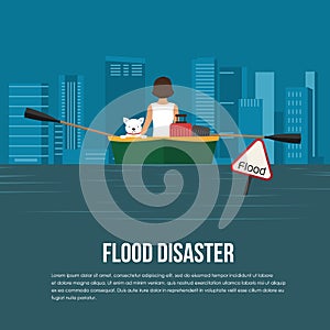 Flood disaster with flood warning banner,woman and dog on boat in flood water vector design