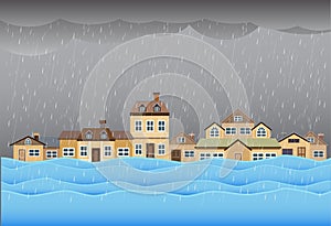 Flood disaster, flooding water in city street, vector design