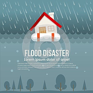 Flood disaster with home on Life ring in flood water and rain vector design